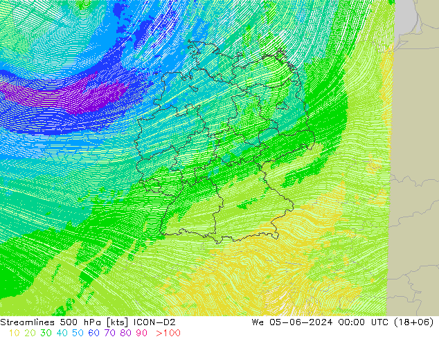 Stromlinien 500 hPa ICON-D2 Mi 05.06.2024 00 UTC