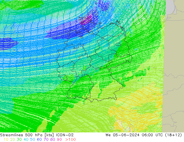 Stromlinien 500 hPa ICON-D2 Mi 05.06.2024 06 UTC