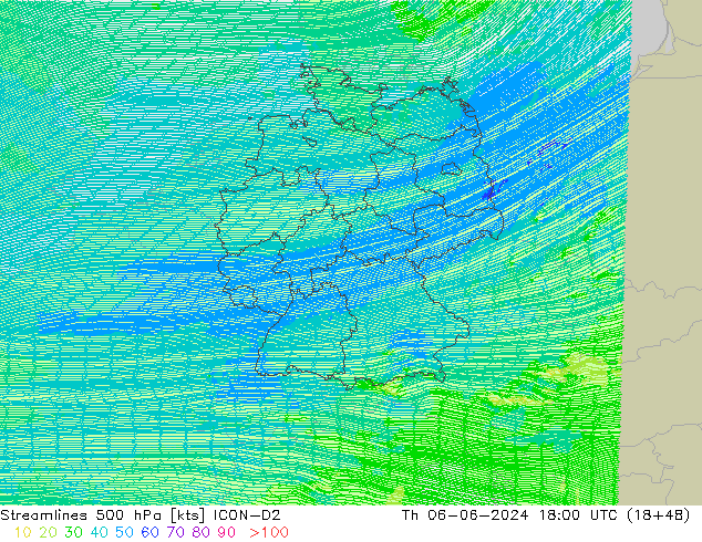 Linha de corrente 500 hPa ICON-D2 Qui 06.06.2024 18 UTC