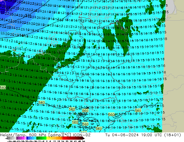 Height/Temp. 500 hPa ICON-D2 星期二 04.06.2024 19 UTC