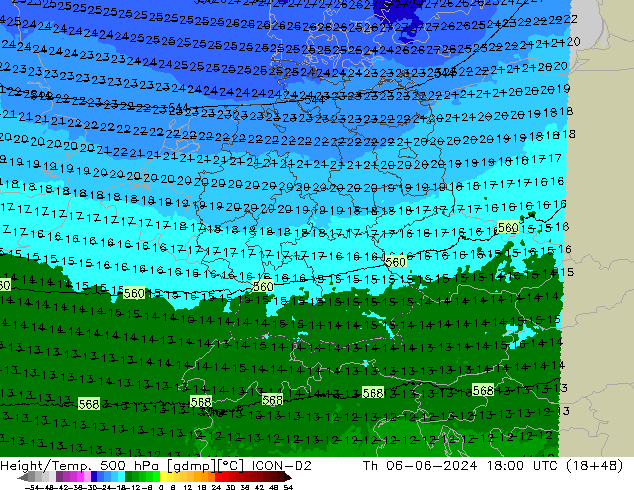 Hoogte/Temp. 500 hPa ICON-D2 do 06.06.2024 18 UTC