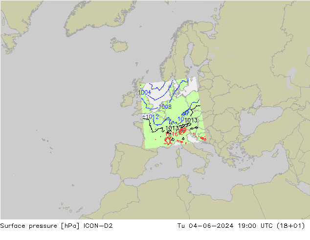 Luchtdruk (Grond) ICON-D2 di 04.06.2024 19 UTC