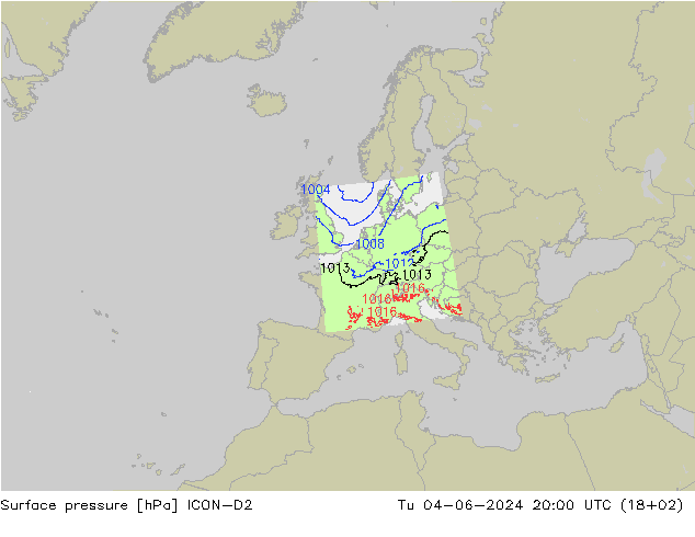 Surface pressure ICON-D2 Tu 04.06.2024 20 UTC