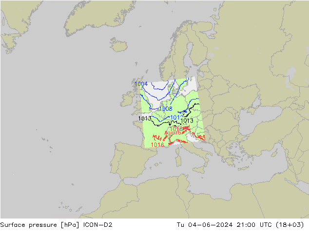 地面气压 ICON-D2 星期二 04.06.2024 21 UTC