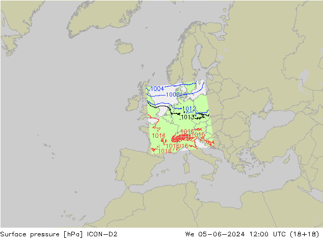 Presión superficial ICON-D2 mié 05.06.2024 12 UTC