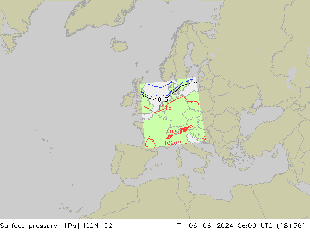Atmosférický tlak ICON-D2 Čt 06.06.2024 06 UTC