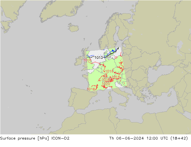 Presión superficial ICON-D2 jue 06.06.2024 12 UTC