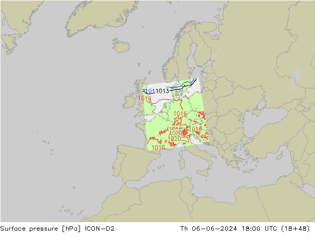 Presión superficial ICON-D2 jue 06.06.2024 18 UTC