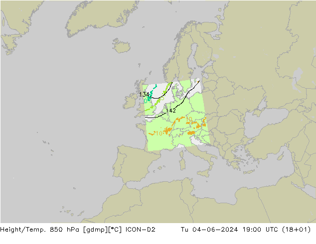 Hoogte/Temp. 850 hPa ICON-D2 di 04.06.2024 19 UTC