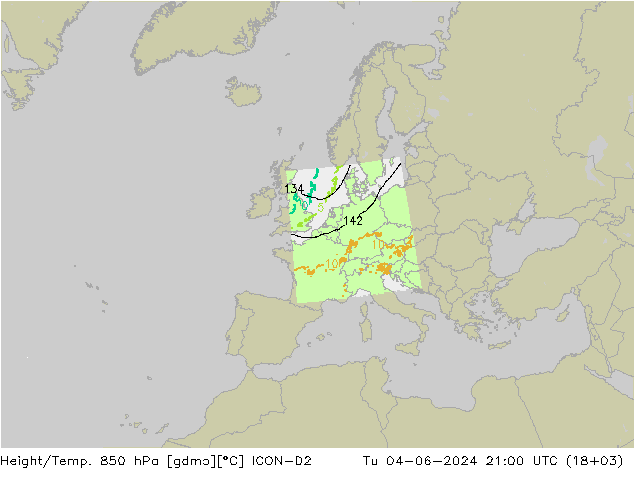 Height/Temp. 850 hPa ICON-D2 Di 04.06.2024 21 UTC