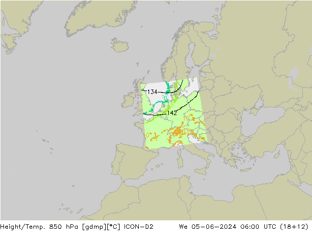 Géop./Temp. 850 hPa ICON-D2 mer 05.06.2024 06 UTC