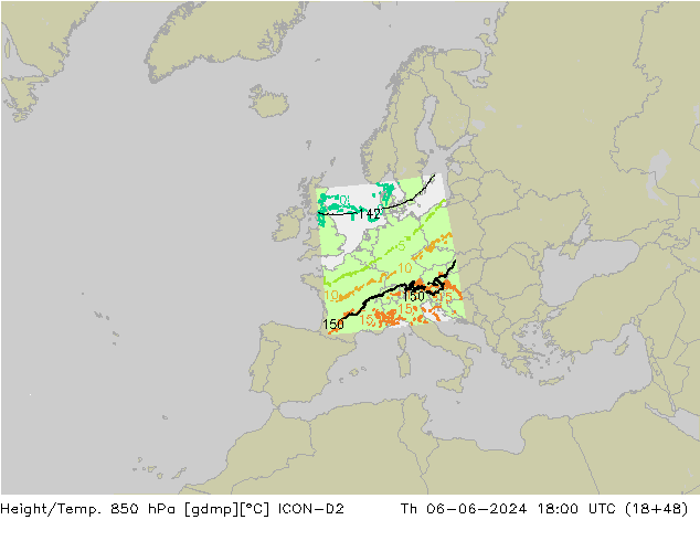 Height/Temp. 850 hPa ICON-D2 Čt 06.06.2024 18 UTC
