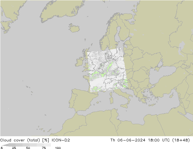 Cloud cover (total) ICON-D2 Th 06.06.2024 18 UTC