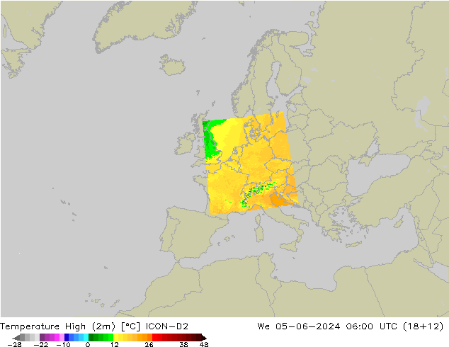 Nejvyšší teplota (2m) ICON-D2 St 05.06.2024 06 UTC