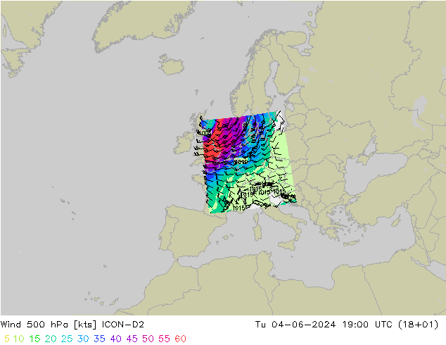 Wind 500 hPa ICON-D2 Út 04.06.2024 19 UTC