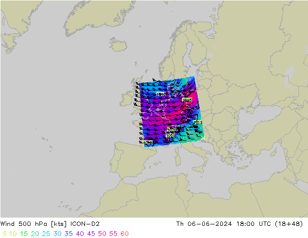 Wind 500 hPa ICON-D2 Čt 06.06.2024 18 UTC