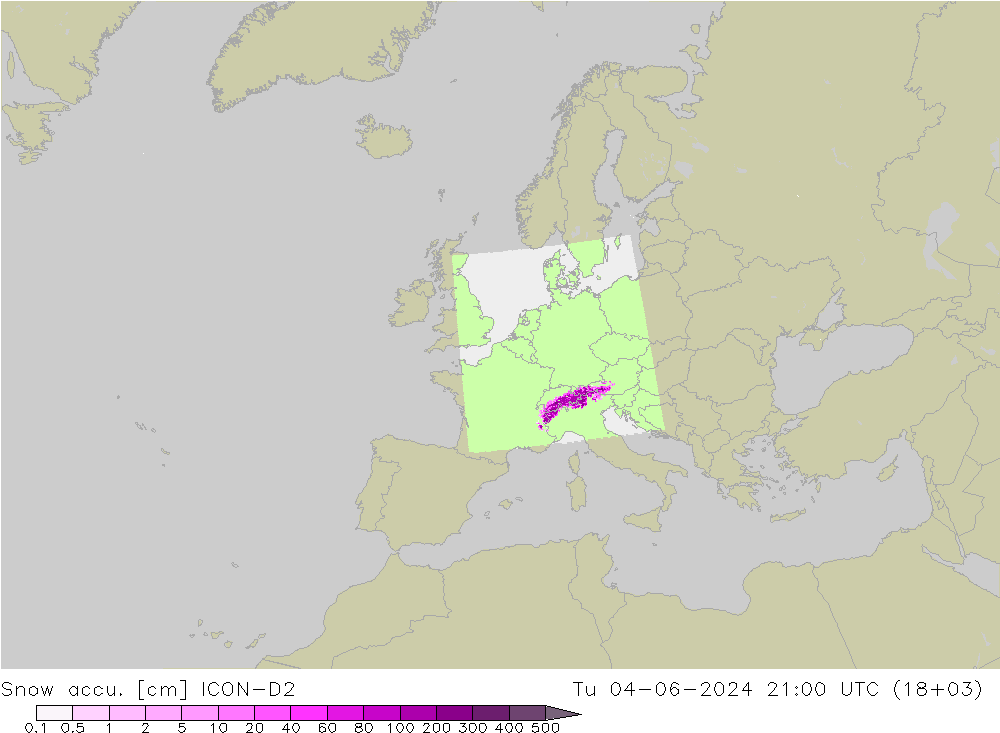Snow accu. ICON-D2 Út 04.06.2024 21 UTC