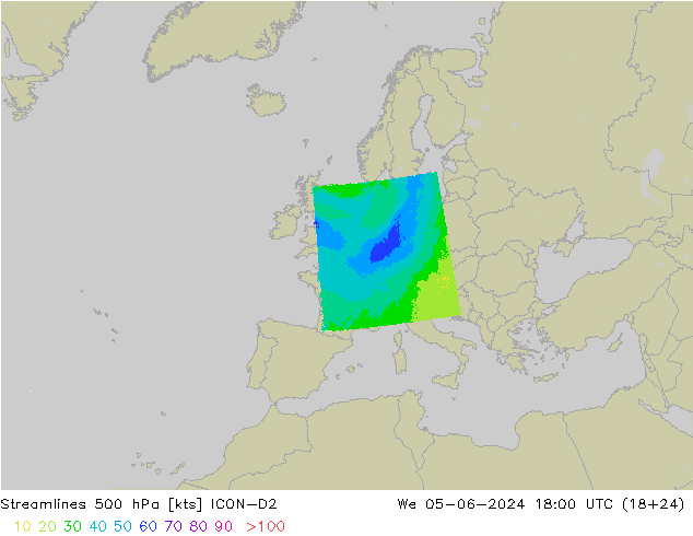 Línea de corriente 500 hPa ICON-D2 mié 05.06.2024 18 UTC