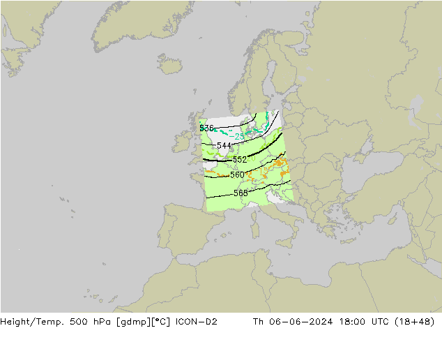 Height/Temp. 500 hPa ICON-D2 Čt 06.06.2024 18 UTC