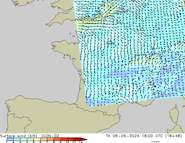 Vento 10 m (bft) ICON-D2 gio 06.06.2024 18 UTC