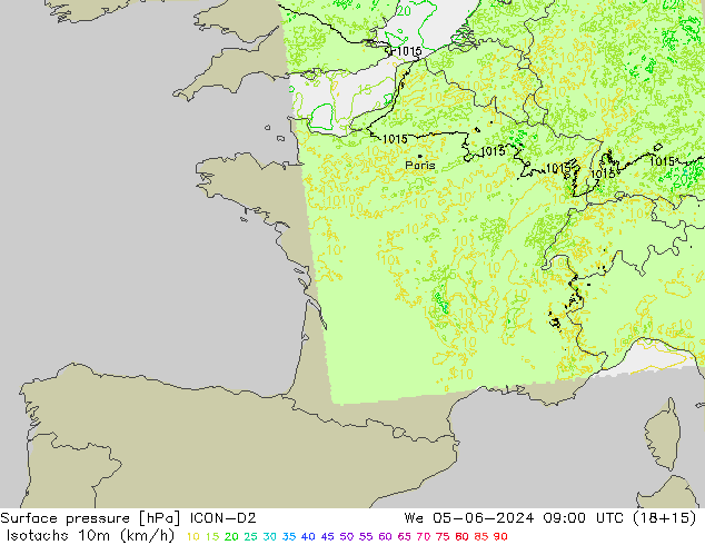 Isotachs (kph) ICON-D2 mer 05.06.2024 09 UTC