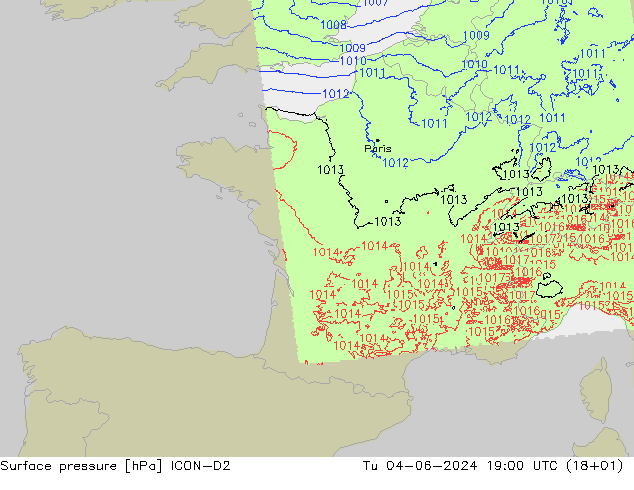 Pressione al suolo ICON-D2 mar 04.06.2024 19 UTC