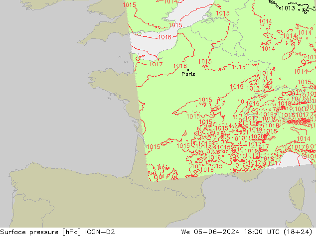 Surface pressure ICON-D2 We 05.06.2024 18 UTC