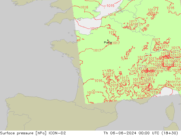 Surface pressure ICON-D2 Th 06.06.2024 00 UTC