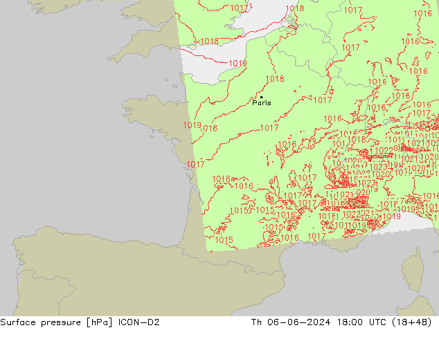 Surface pressure ICON-D2 Th 06.06.2024 18 UTC