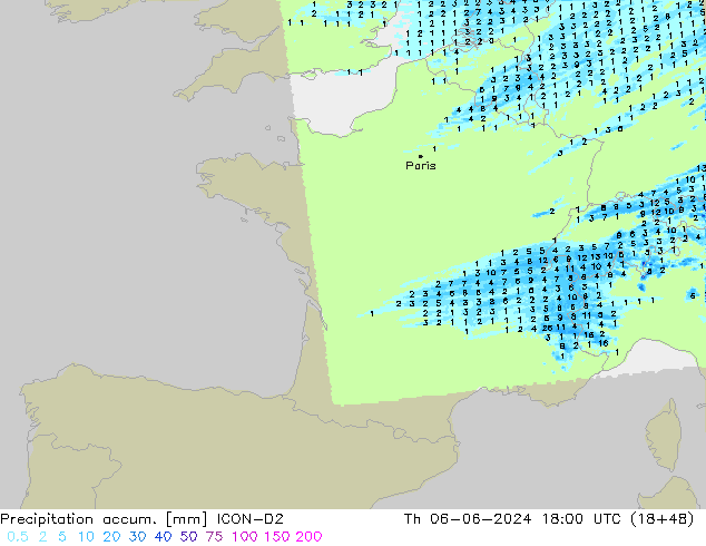 Precipitation accum. ICON-D2 Th 06.06.2024 18 UTC