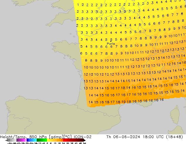 Yükseklik/Sıc. 850 hPa ICON-D2 Per 06.06.2024 18 UTC