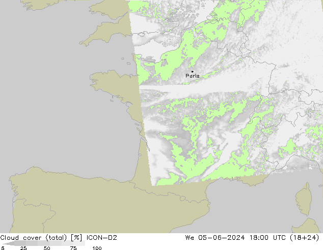 Wolken (gesamt) ICON-D2 Mi 05.06.2024 18 UTC