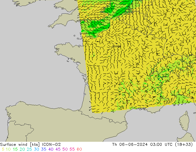 Viento 10 m ICON-D2 jue 06.06.2024 03 UTC