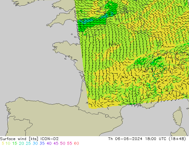 wiatr 10 m ICON-D2 czw. 06.06.2024 18 UTC
