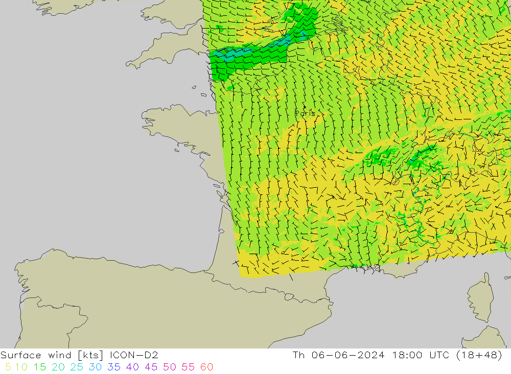 Surface wind ICON-D2 Th 06.06.2024 18 UTC