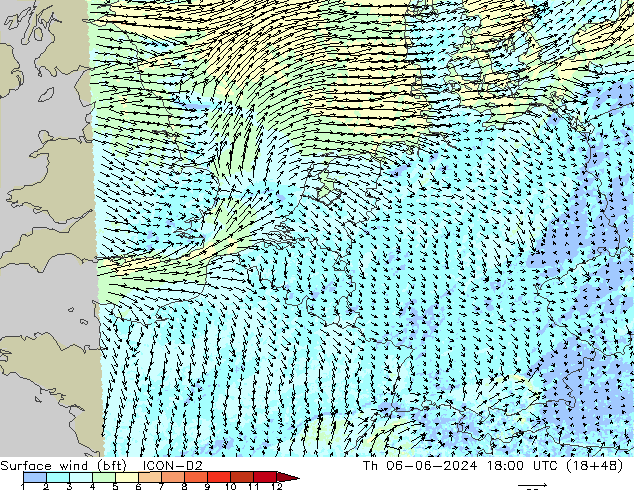 Surface wind (bft) ICON-D2 Th 06.06.2024 18 UTC