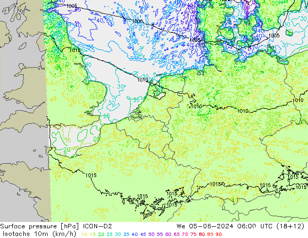 Izotacha (km/godz) ICON-D2 śro. 05.06.2024 06 UTC