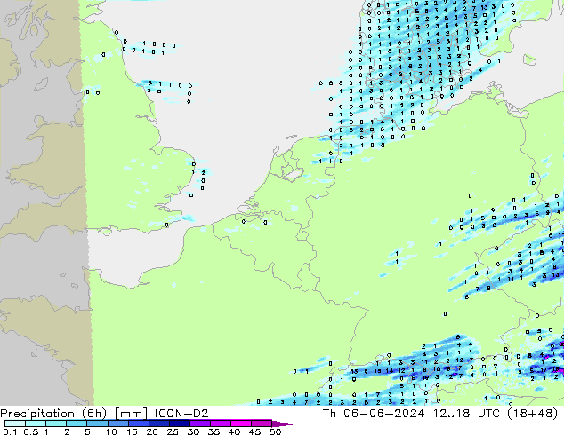 Precipitation (6h) ICON-D2 Th 06.06.2024 18 UTC