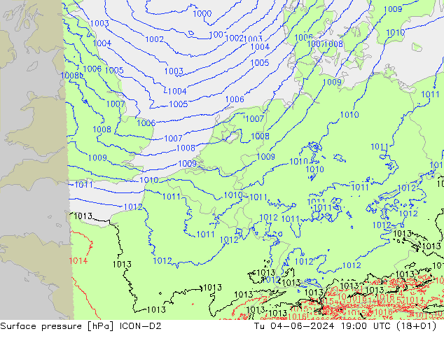 Surface pressure ICON-D2 Tu 04.06.2024 19 UTC