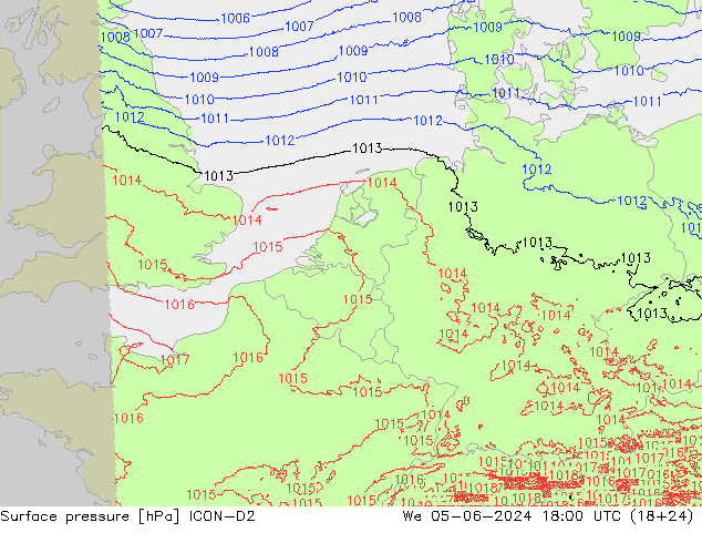 Surface pressure ICON-D2 We 05.06.2024 18 UTC