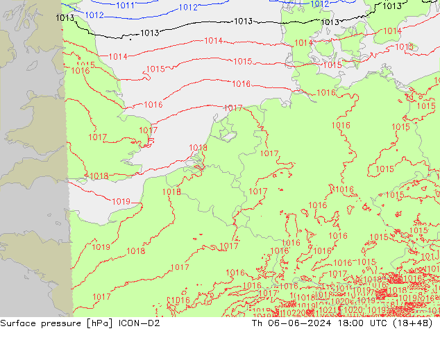 Surface pressure ICON-D2 Th 06.06.2024 18 UTC