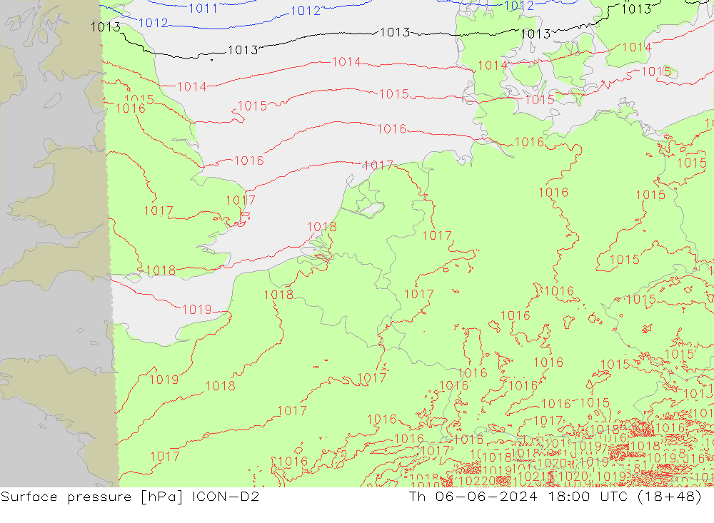 Surface pressure ICON-D2 Th 06.06.2024 18 UTC