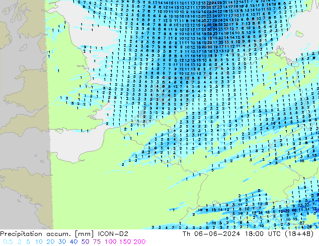 Precipitation accum. ICON-D2 Čt 06.06.2024 18 UTC