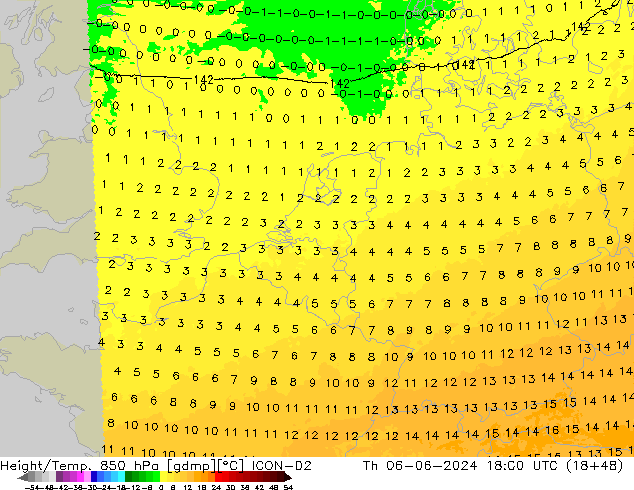 Height/Temp. 850 hPa ICON-D2 Čt 06.06.2024 18 UTC