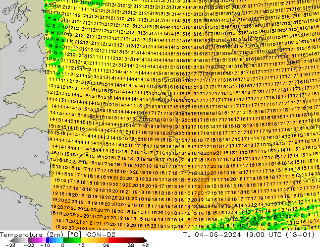 Temperatura (2m) ICON-D2 mar 04.06.2024 19 UTC