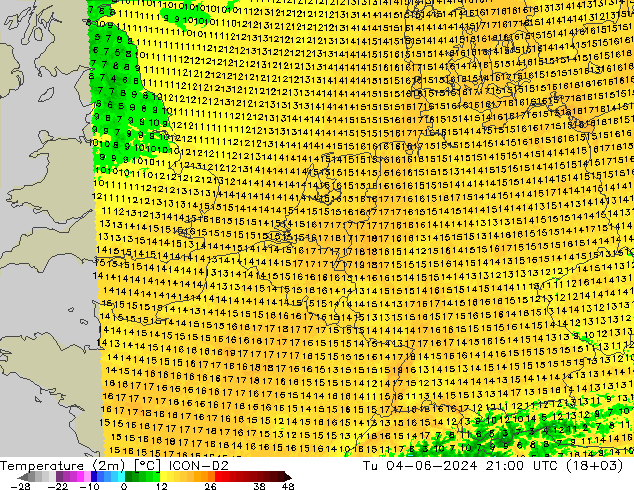 Temperaturkarte (2m) ICON-D2 Di 04.06.2024 21 UTC