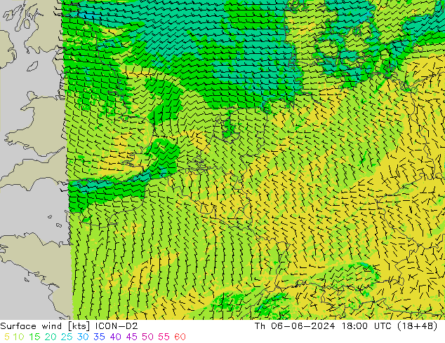 Surface wind ICON-D2 Th 06.06.2024 18 UTC