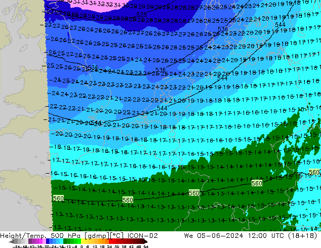 Géop./Temp. 500 hPa ICON-D2 mer 05.06.2024 12 UTC