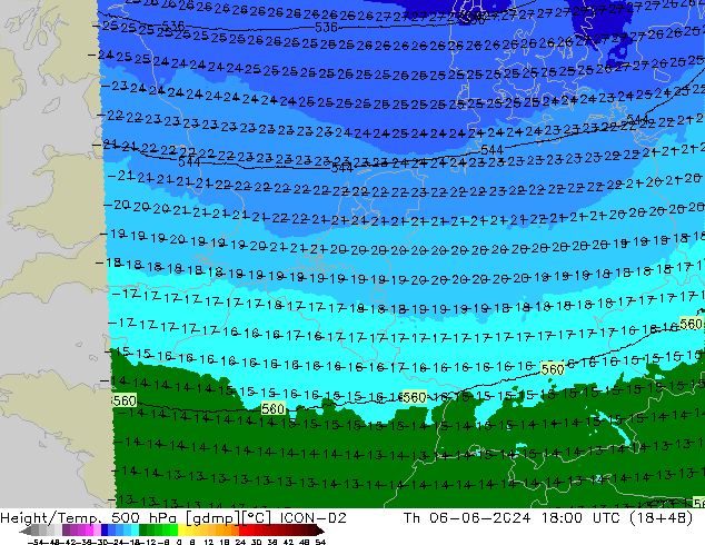 Height/Temp. 500 hPa ICON-D2 Do 06.06.2024 18 UTC