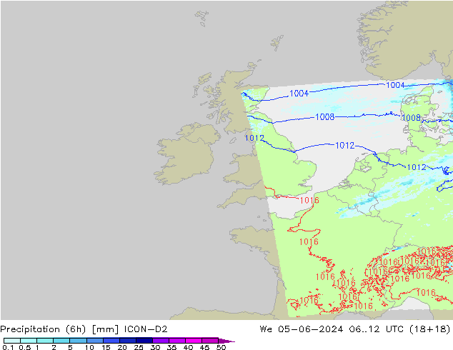 Precipitation (6h) ICON-D2 We 05.06.2024 12 UTC